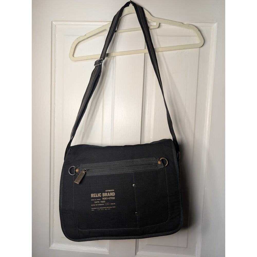 Relic Brand By Fossil Black Messenger Bag Canvas Grid Pattern Faux Leather